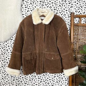 Vintage | Charles Klein Leather Suede Brown Faux Fur Trim Winter Jacket Coat XL
